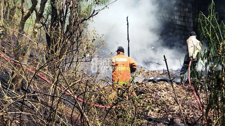 Petugas Damkarla Gresik berjibaku memadamkan kebakaran ilalang di dekat RS Ibnu Sina. (Foto: Ist/Infogresik)