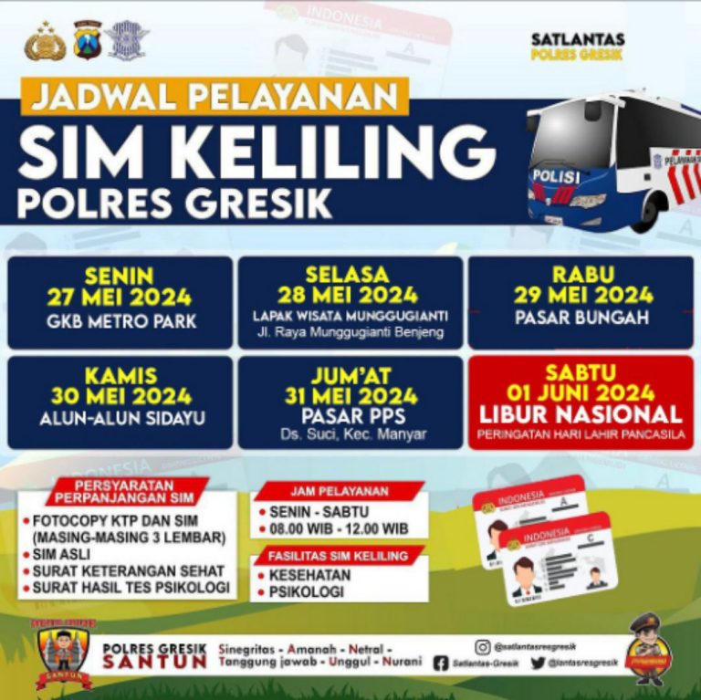 Jadwal SIM Keliling Polres Gresik 27 Mei Sampai 31 Mei 2024 Poster SIM keliling Polres Gresik. (Foto: Ist/Infogresik)