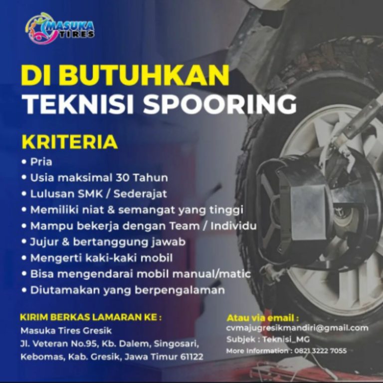 Loker teknisi spooring Masuka Tires Gresik. (Foto: Ist/Infogresik)