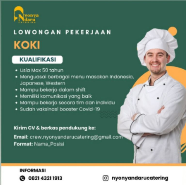 Loker Gresik : Nyoya Ndaru Catering Cari Koki, Ini Syaratnya Loker koki di Nyonya Ndaru Catering. (Foto: Ist/Infogresik)
