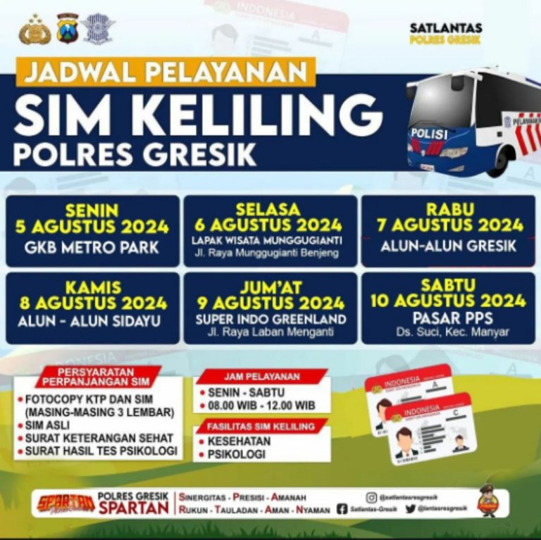 Jadwal SIM Keliling Polres Gresik Tanggal 5 Sampai 10 Agustus 2024 Jadwal SIM keliling Polres Gresik. (Foto: Ist/Infogresik)