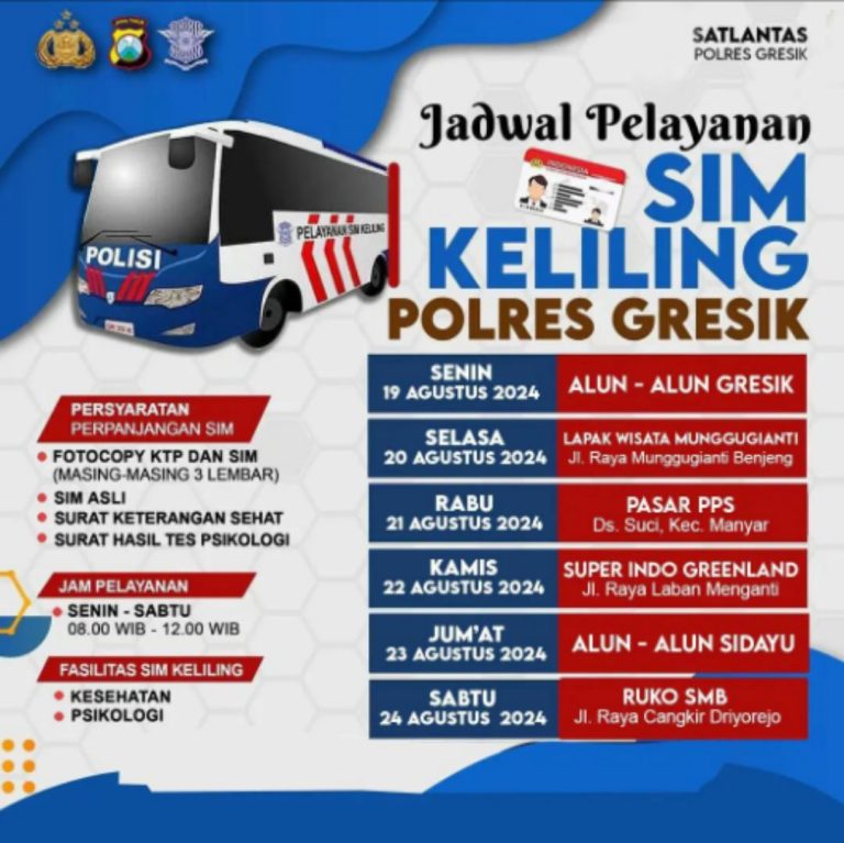 Jadwal SIM Keliling Polres Gresik Tanggal 19 Sampai 24 Agustus 2024 Poster jadwal SIM Keliling Polres Gresik. (Foto: Satlantas Polres Gresik/Infogresik)