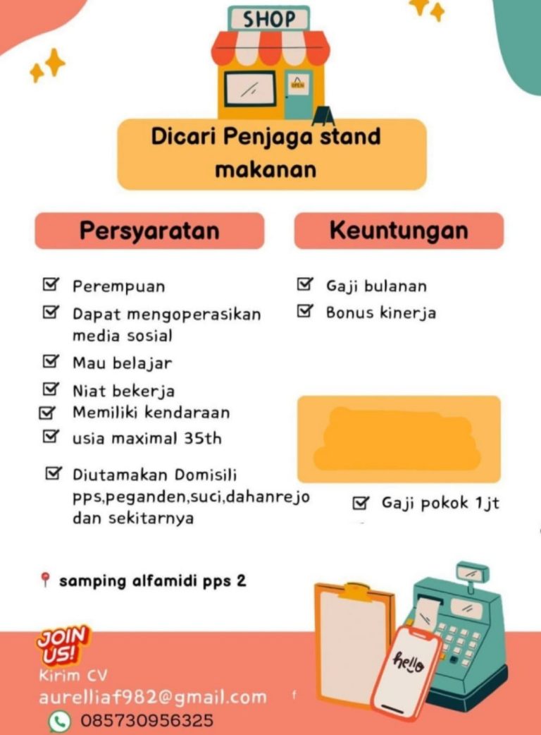 Loker Gresik : Cwie Mie Nona Cari Penjaga Stand, Ini Syaratnya Poster loker Cwie Mie Nona PPS Desa Suci, Kecamatan Manyar, Kabupaten Gresik. (Foto: Ist/Infogresik)