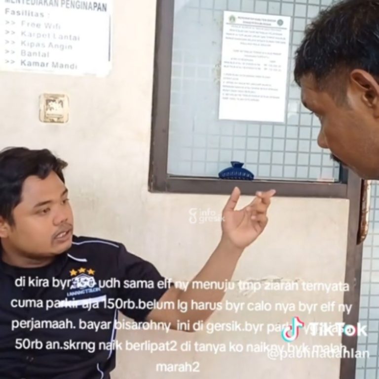 Screenshot video protes pria gondrong dan petugas Dishub Gresik terkait tarif parkir bus di Terminal Makam Sunan Maulana Malik Ibrahim. (Foto: Ist/Infogresik)