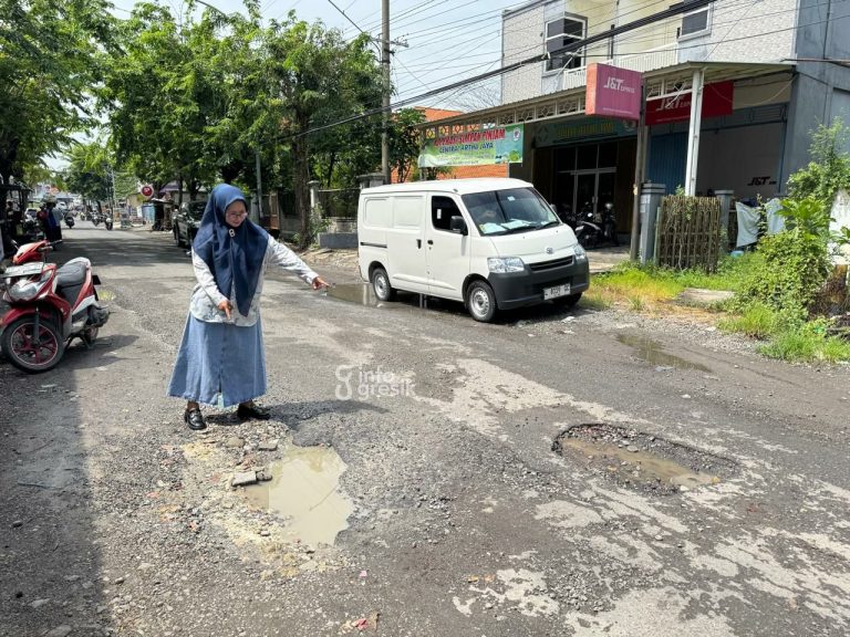 Banyak Jalan Rusak, Sekretaris Komisi III DPRD Gresik Nur Saidah Minta URC Segera Perbaiki Sekretaris Komisi III DPRD Gresik saat meninjau jalan rusak di Jalan Duduksampeyan. (Foto: Ist/Infogresik)