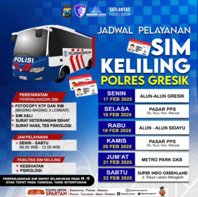 Jadwal SIM Keliling Polres Gresik Tanggal 17 sampai 22 Februari 2025 Poster Jadwal Layanan SIM Keliling Polres Gresik
