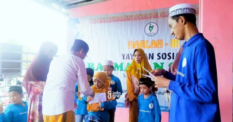 Suasana penyerahan santunan anak yatim piatu di Kantor Yayasan Sosial Rahmatan Sidayu di Perumahan GSCR Desa Bunderan Sidayu blok C4. (Foto: Ist/Infogresik)