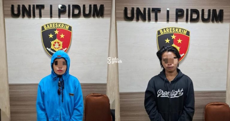 Pasangan sejoli ADS dan R saat diamankan di Mapolres Gresik. (Foto: Ist/Infogresik)