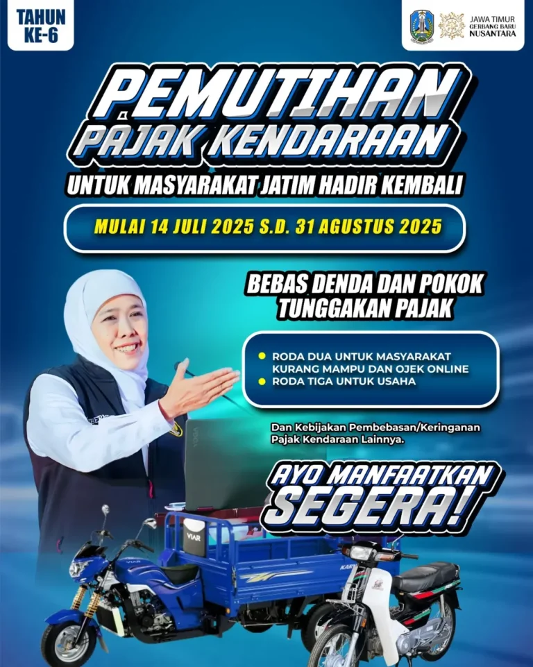 Pemprov Jatim Kembali Gelar Program Pemutihan Pajak Kendaraan, Berlaku Mulai 14 Juli hingga 31 Agustus 2025 Info pemutihan pajak kendaraan untuk masyarakat Jatim. (Foto: Ist/Infogresik)