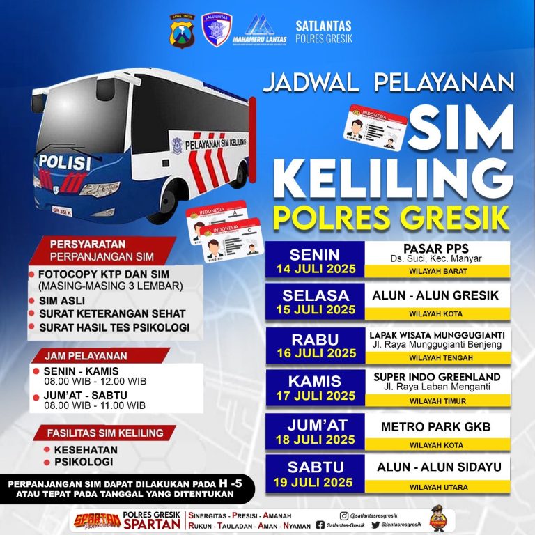 Jadwal SIM Keliling Polres Gresik terbaru. (Foto: Ist/Infogresik)