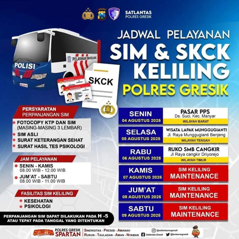 Jadwal SIM Keliling Polres Gresik Tanggal 4-9 Agustus 2025 Jadwal SIM Keliling Polres Gresik terbaru. (Foto: Ist/Infogresik)