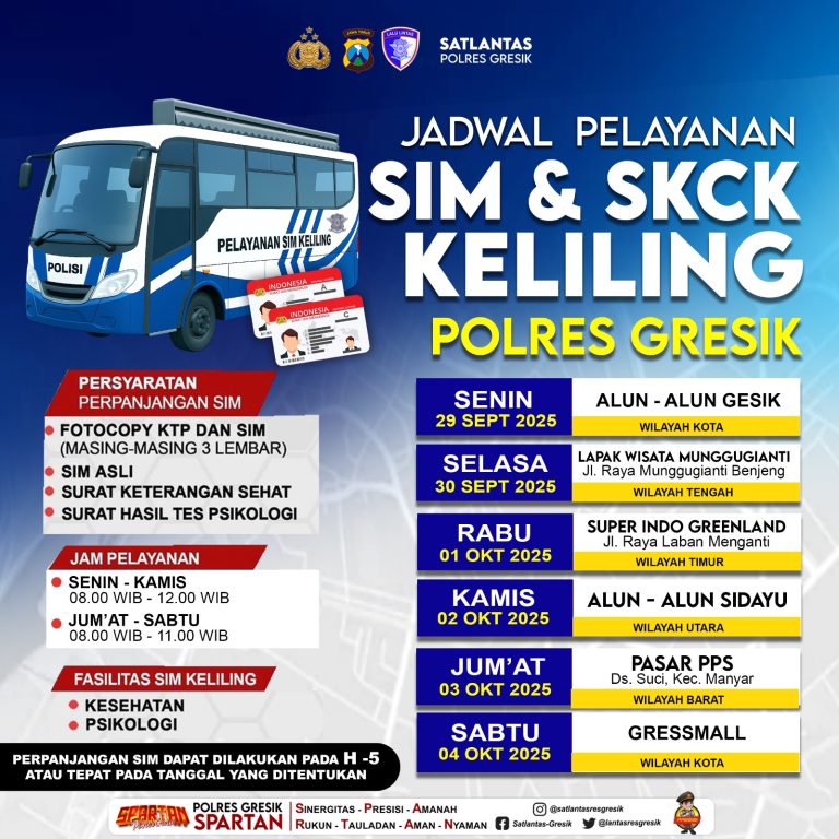 Jadwal pelayanan SIM & SKCK Keliling Polres Gresik terbaru. (Foto: Ist/Infogresik)