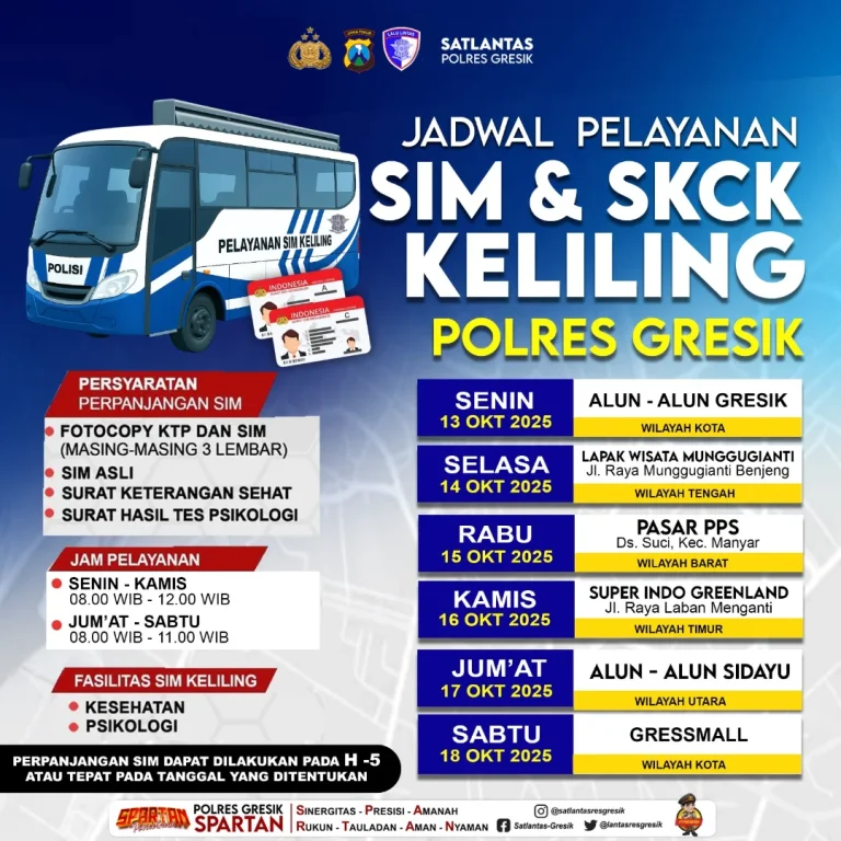 Jadwal pelayanan SIM & SKCK Keliling Polres Gresik terbaru. (Foto: Ist/Infogresik)