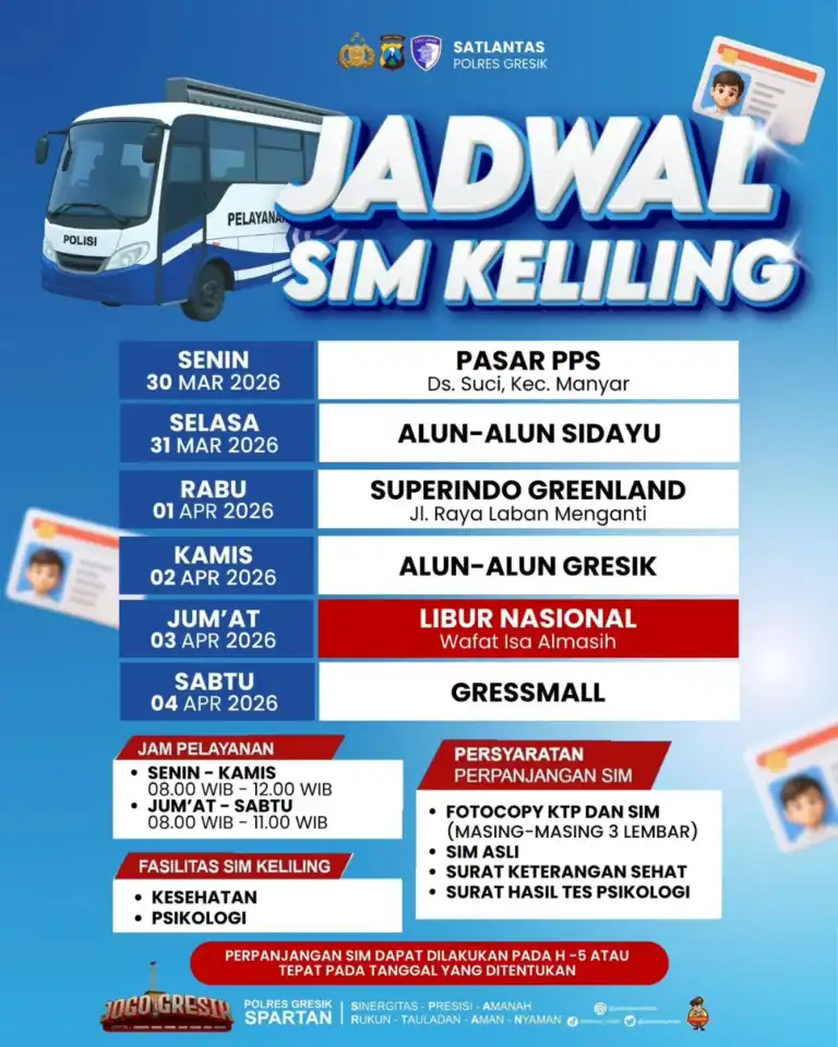 Jadwal pelayanan SIM Keliling Polres Gresik terbaru. (Foto: Ist/Infogresik)