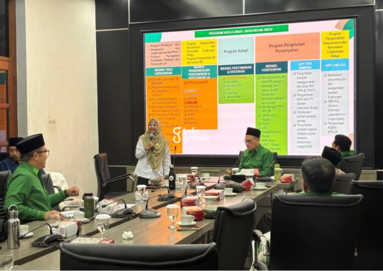Kepala DLH Gresik Sri Subaidah saat memaparkan pengelolaan sampah saat dialog di Fraksi PKB Gresik. (Foto: Khanif Rosidin/Infogresik)