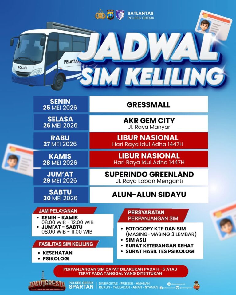 Jadwal pelayanan SIM Keliling Polres Gresik terbaru. (Foto: Ist/Infogresik)