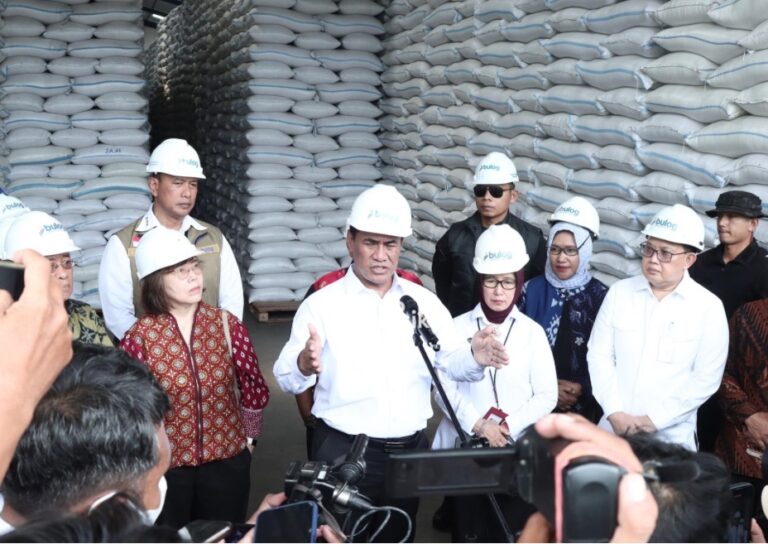Menteri Pertanian RI Andi Amran Sulaiman saat memaparkan kondisi stok beras nasional ketika meninjau Gudang Bulog di Kawasan Industri Maspion, Gresik. (Foto: Ist/Infogresik)
