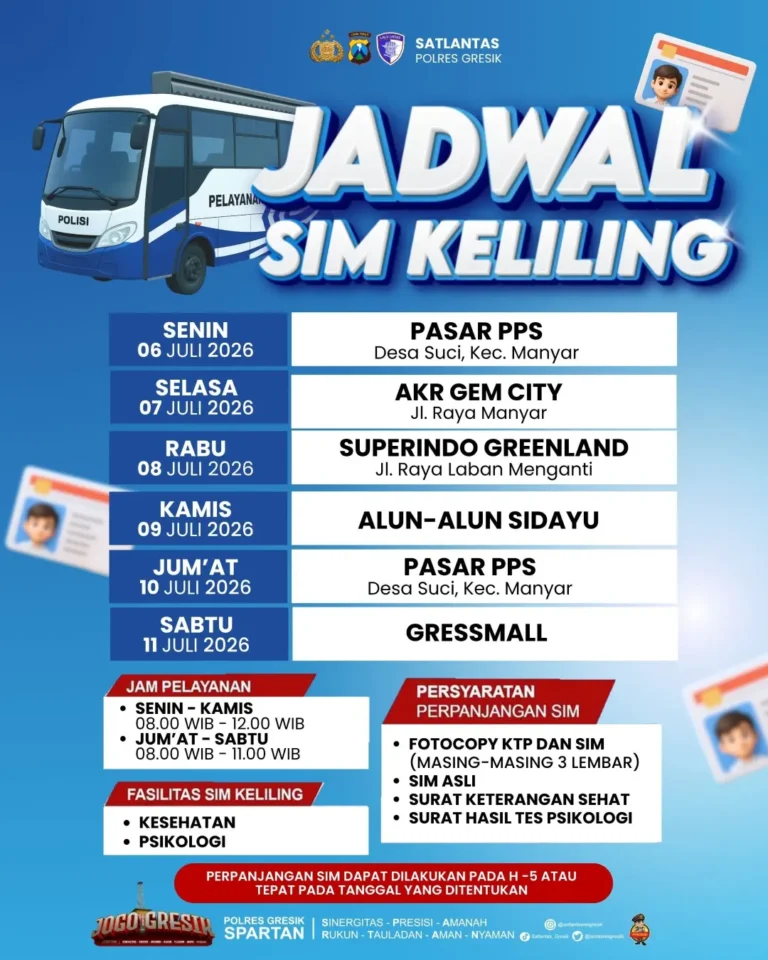 Jadwal Pelayanan SIM Keliling Polres Gresik Tanggal 06 hingga 11 Juli 2026 Jadwal pelayanan SIM Keliling Polres Gresik terbaru. (Foto: Ist/Infogresik)
