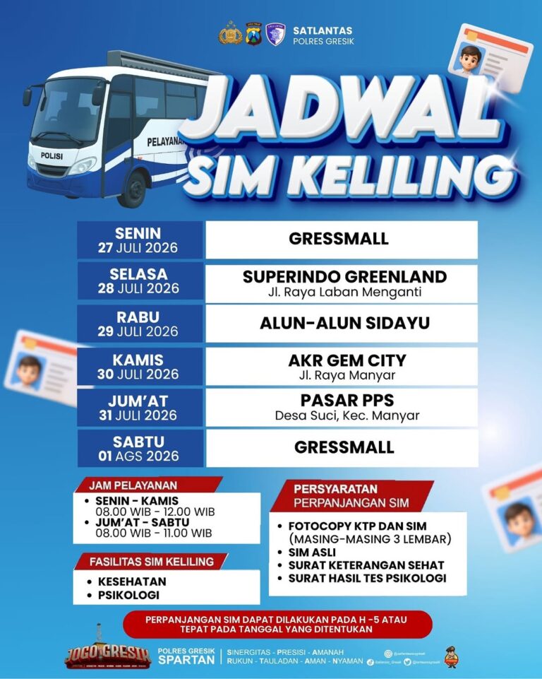 Jadwal Pelayanan SIM Keliling Polres Gresik Tanggal 27 Juli hingga 01 Agustus 2026 Jadwal pelayanan SIM Keliling Polres Gresik terbaru. (Foto: Ist/Infogresik)
