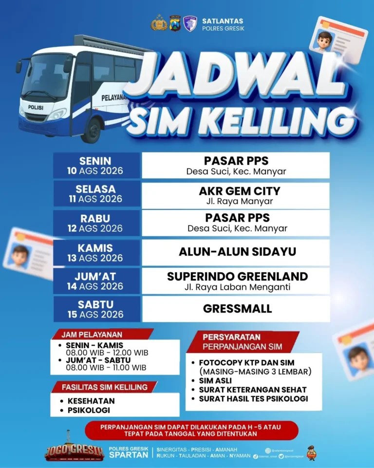 Jadwal pelayanan SIM Keliling Polres Gresik terbaru. (Foto: Ist/Infogresik)