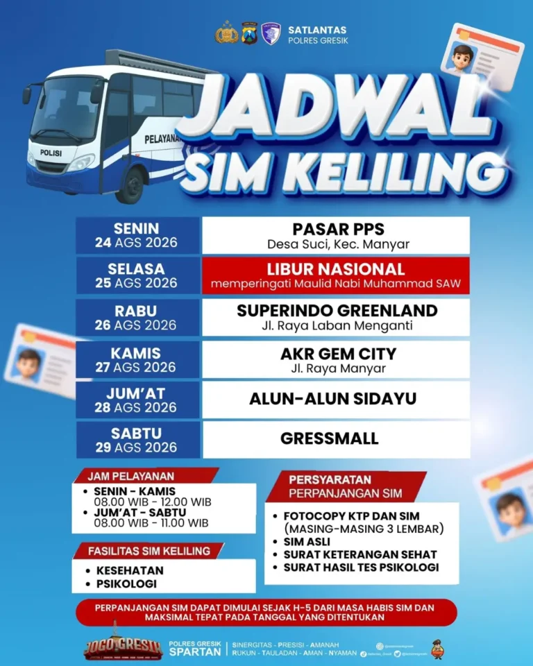 Jadwal Pelayanan SIM Keliling Polres Gresik Tanggal 24 hingga 29 Agustus 2026 Jadwal pelayanan SIM Keliling Polres Gresik terbaru. (Foto: Ist/Infogresik)