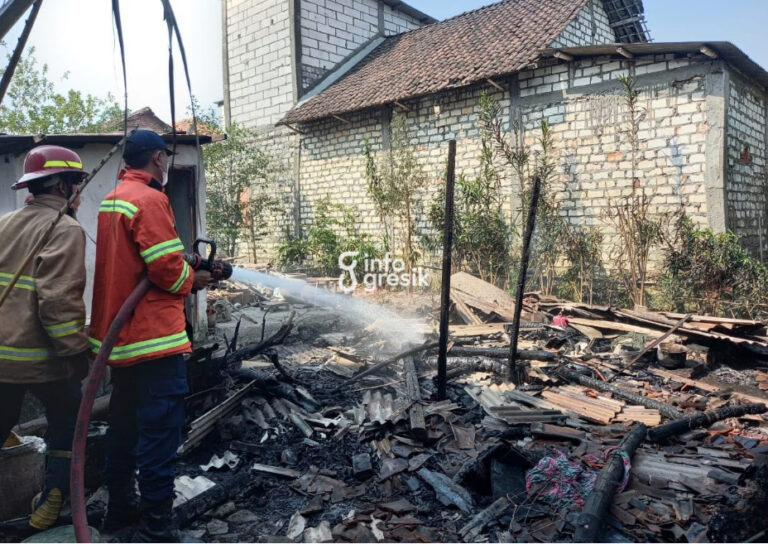 Petugas Damkar saat melakukan pembasahan di kandang dan rumah milik warga di Desa Sumberame, Kecamatan Wringinanom. (Foto: Ist/Infogresik)