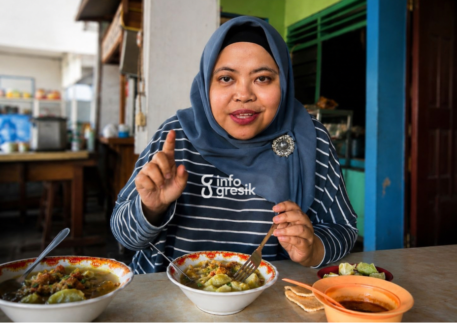 Anggota DPRD Gresik, Ricke Mayumi bernostalgia menikmati Soto Kikil Pakeh. (Foto: Khanif Rosidin/Infogresik)