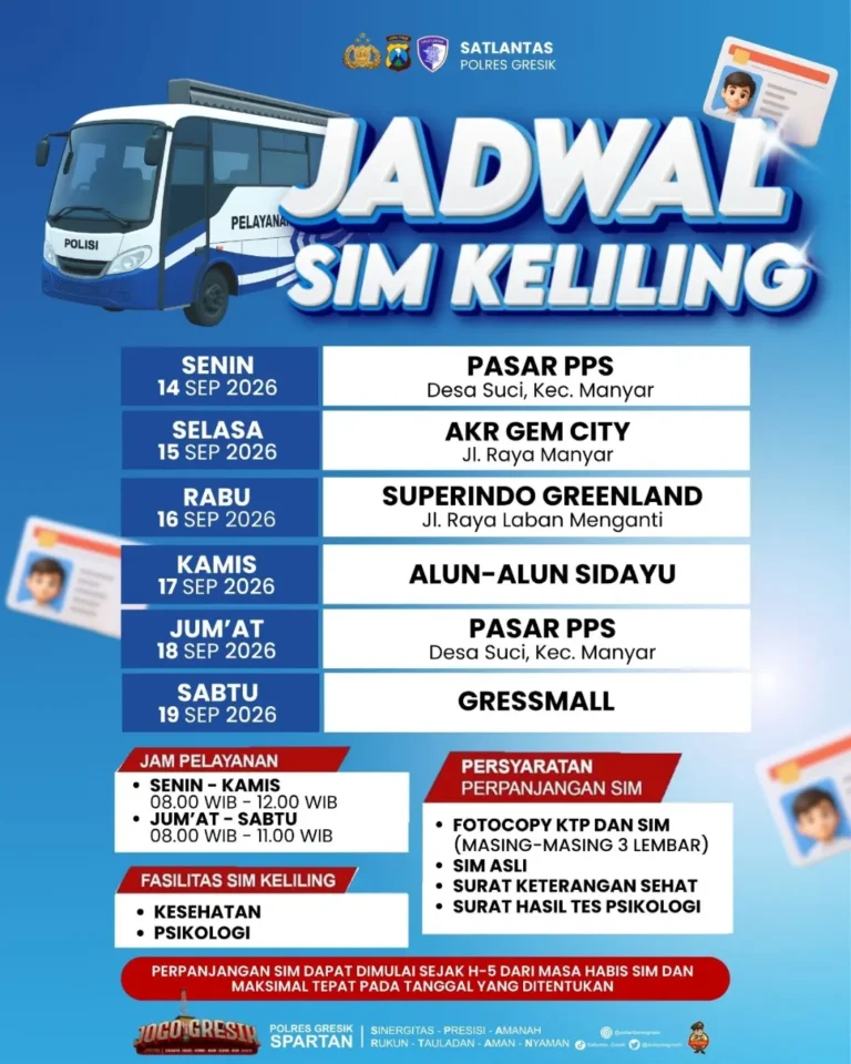 Jadwal pelayanan SIM Keliling Polres Gresik terbaru. (Foto: Ist/Infogresik)