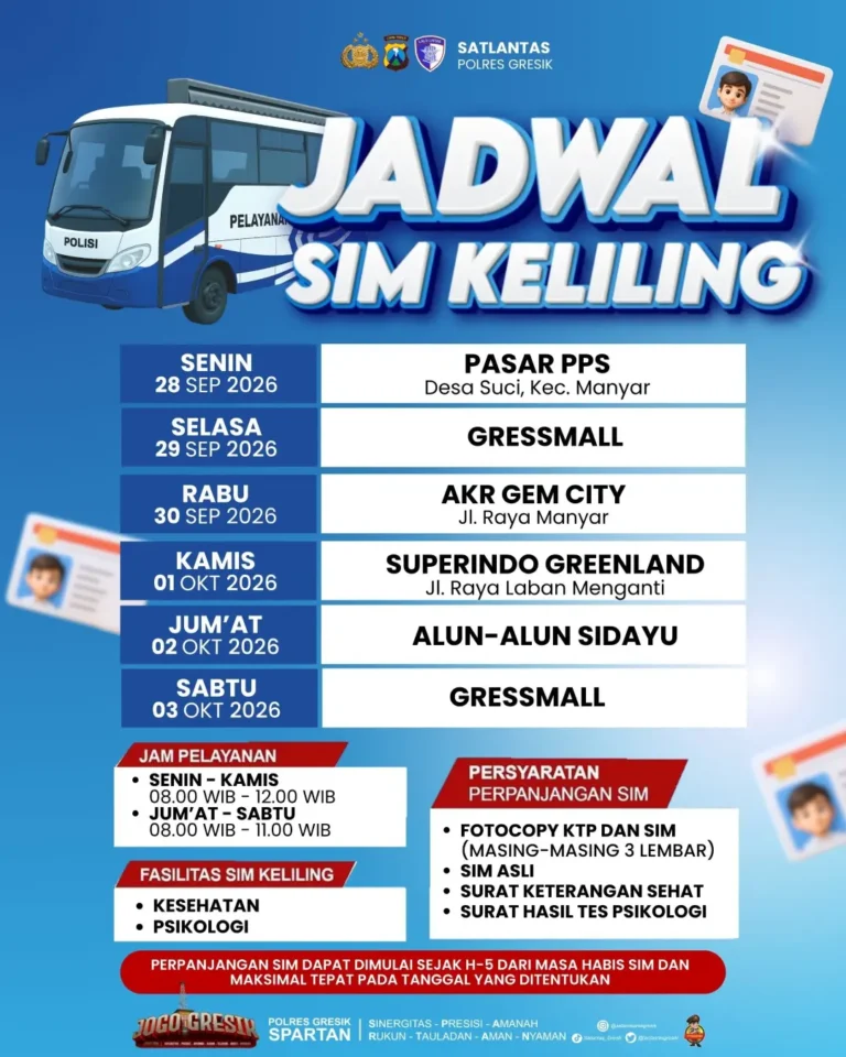 Jadwal pelayanan SIM Keliling Polres Gresik terbaru. (Foto: Ist/Infogresik)