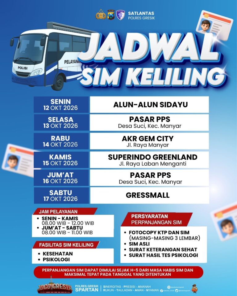 Jadwal Pelayanan SIM Keliling Polres Gresik Tanggal 12 hingga 17 Oktober 2026 Jadwal pelayanan SIM Keliling Polres Gresik terbaru. (Foto: Ist/Infogresik)