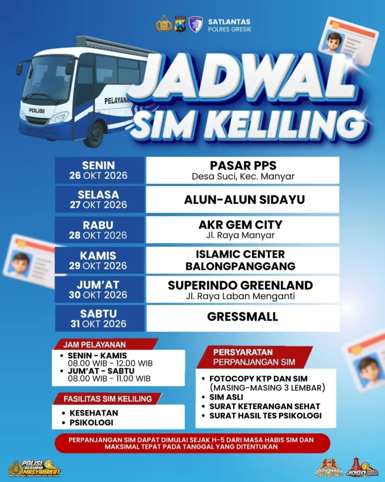 Jadwal pelayanan SIM Keliling Polres Gresik terbaru. (Foto: Ist/Infogresik)