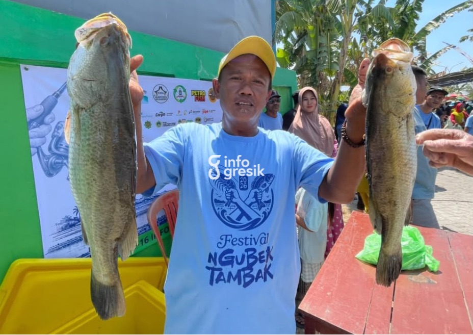 Peserta Festival Ngubek Tambak menunjukkan ikan hasil tangkapannya. (Foto: Khanif Rosidin/Infogresik)