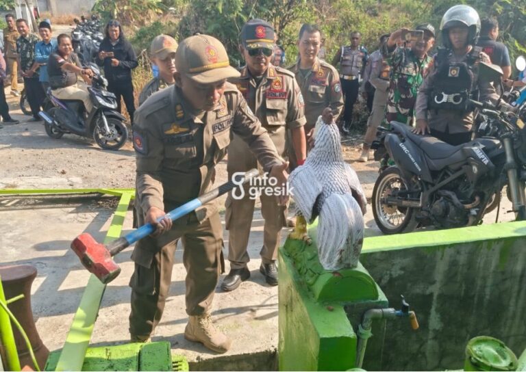 Berdiri di Atas Tanah Negara, Bangunan Liar dan Makam Buatan di Cerme Kidul Ditertibkan Satpol PP Satpol PP Gresik saat melakukan pembongkaran bangunan dan makam buatan di Desa Cerme Kidul, Kecamatan Cerme. (Foto: Ist/Infogresik)